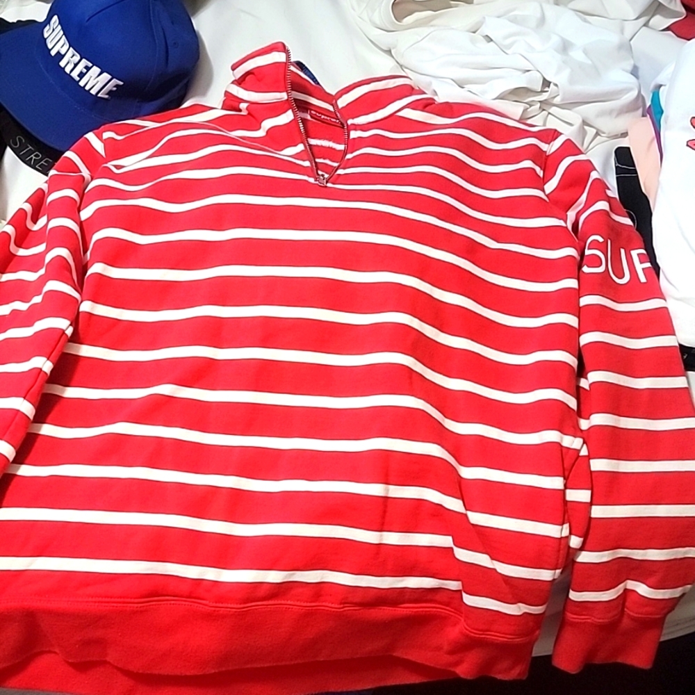 Supreme quarter zip striped sleeve big logo sweatshirt